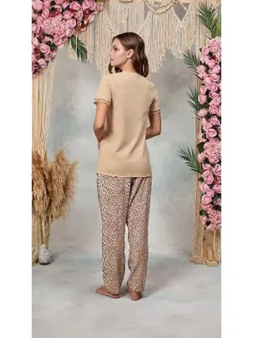 Doreanse Kadın Pudra Leopar Desenli Dantel Detaylı T-Shirt Pijama Takımı Doreanse 25Y4062 - Alternatif Görünüm