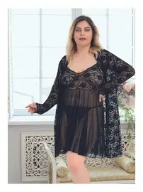 Nathalie Kadın Siyah Sabahlıklı 3lü Tül Takım Gecelik Nathalie B-4006