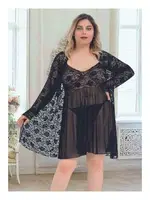 Kadın Siyah Sabahlıklı 3lü Tül Takım Gecelik Nathalie B-4006 Siyah görsel 5