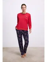 Kadın Uzun Kol Sweatshirt ve Kalpli Pantolon Pijama Takımı Şık ve Rahat Ev Giyimi Anıl 11583 Kırmızı