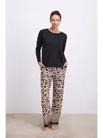Kadın Uzun Kollu Leopar Desenli T-Shirt ve Pantolon Pijama Takımı Anıl 11538 Siyah