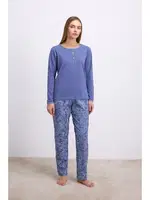 Kadın Uzun Kollu T-Shirt ve Desenli Pantolon Pijama Takımı Anıl 11566 Çivit