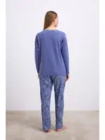 Kadın Uzun Kollu T-Shirt ve Desenli Pantolon Pijama Takımı Anıl 11566 Çivit detay görünüm