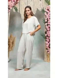 Doreanse Kadın %100 Viskon Taş Rengi Şalvar Pantolon T-Shirt Pijama Takımı Doreanse 25Y4071