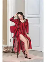 Kalın Çizgili 2li Uzun Sabahlık Gecelik Takımı İzabel US-6007 Kırmızı