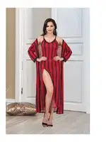 Kalın Çizgili 2li Uzun Sabahlık Gecelik Takımı İzabel US-6007 Kırmızı detay görünüm