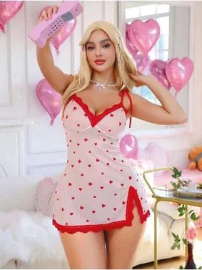 Ruselin Kalp Desenli Beyaz Kırmızı Şeritli Askılı Penye Gecelik Ruselin 5071 - Alternatif Görünüm