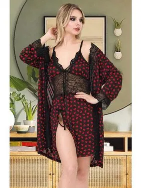 İzabel Kalp Desenli Dantelli Kısa Gecelik Sabahlık Takımı İzabel F-7008 - Alternatif Görünüm