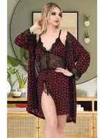 Kalp Desenli Dantelli Kısa Gecelik Sabahlık Takımı İzabel F-7008 Siyah detay görünüm