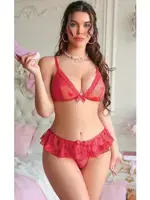 Kalp Desenli Fırfırlı Transparan Fantazi Sütyen Takım NightLight 7061 Kırmızı