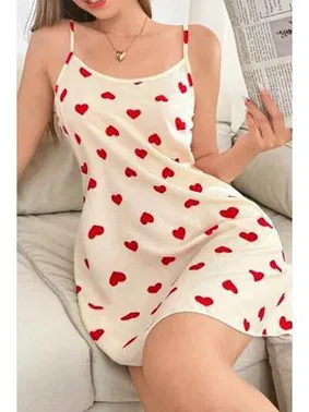 Ruselin Kalp Desenli Kısa İnce Askılı Kısa Gecelik Ruselin 5104