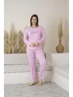 Kalp Desenli Uzun Kollu Yazlık Viskon Kadın Pijama Takımı Estiva 25112 Pembe