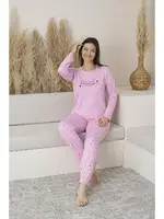 Kalp Desenli Uzun Kollu Yazlık Viskon Kadın Pijama Takımı Estiva 25112 Pembe görsel 5