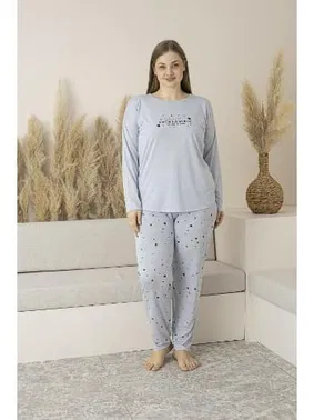 Estiva Kalp Desenli Yazlık Uzun Kollu Viskon Büyük Beden Kadın Pijama Takımı Estiva 25147