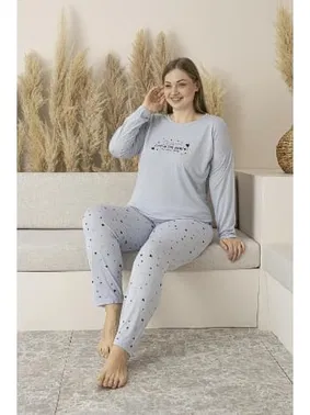 Estiva Kalp Desenli Yazlık Uzun Kollu Viskon Büyük Beden Kadın Pijama Takımı Estiva 25147 - Alternatif Görünüm