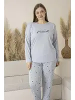 Kalp Desenli Yazlık Uzun Kollu Viskon Büyük Beden Kadın Pijama Takımı Estiva 25147 Gri görsel 5
