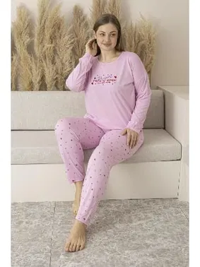 Estiva Kalp Desenli Yazlık Uzun Kollu Viskon Büyük Beden Kadın Pijama Takımı Estiva 25147 - Alternatif Görünüm