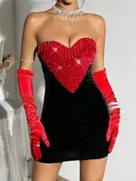 Kalp Tasarım Siyah Kırmızı Askılı Midi Seksi Elbise Takım Pink Night 1112 Siyah görsel 4