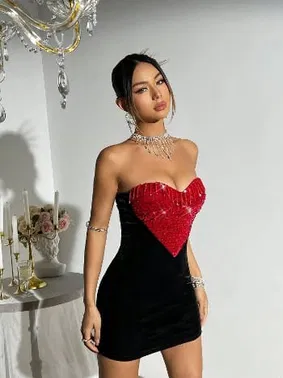 Pink Night Kalp Tasarım Siyah Kırmızı Askılı Midi Seksi Elbise Takım Pink Night 1112 - Alternatif Görünüm