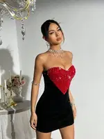 Kalp Tasarım Siyah Kırmızı Askılı Midi Seksi Elbise Takım Pink Night 1112 Siyah detay görünüm