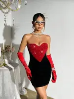 Kalp Tasarım Siyah Kırmızı Askılı Midi Seksi Elbise Takım Pink Night 1112 Siyah farklı açı