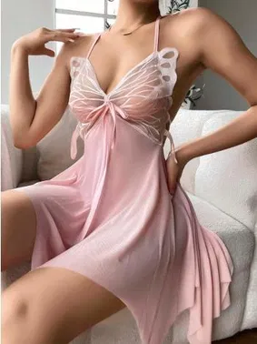 Lily Bianca Kelebek Desenli Pembe Tül Seksi Gecelik Lily Bianca LB-196 - Alternatif Görünüm