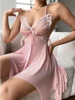 Kelebek Desenli Pembe Tül Seksi Gecelik Lily Bianca LB-196 Pembe detay görünüm