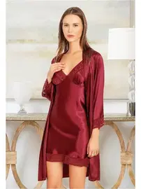 Miss Laris Saten Kenarları Dantel Uzun Kollu Sabahlık İnce Askılı Gecelik Takımı Miss Laris 5053