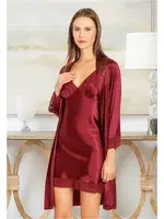 Saten Kenarları Dantel Uzun Kollu Sabahlık İnce Askılı Gecelik Takımı Miss Laris 5053 Bordo