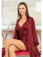 Saten Kenarları Dantel Uzun Kollu Sabahlık İnce Askılı Gecelik Takımı Miss Laris 5053 Bordo detay görünüm