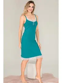 Lady Kenarları Dantel Yeşil İnce Askılı Kadın Tunik Gecelik  Lady 5532