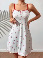 Kiraz Desenli Askılı Mini Gecelik Lily Bianca 13032 Beyaz detay görünüm