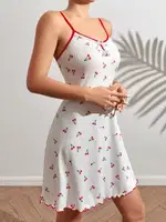 Kiraz Desenli Askılı Mini Gecelik Lily Bianca 13032 Beyaz farklı açı