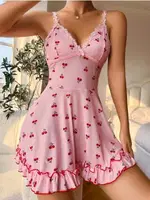 Kiraz Desenli Askılı Pembe Mini Gecelik Lily Bianca 13033 Pembe farklı açı