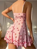 Kiraz Desenli Askılı Pembe Mini Gecelik Lily Bianca 13033 Pembe görsel 4