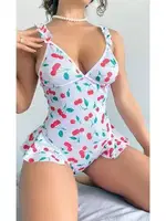 Kiraz Desenli Fırfırlı Fantazi Body NightLight 1047 Beyaz