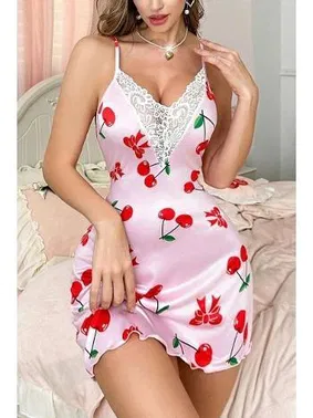 Ruselin Kiraz Desenli İnce Askılı Dantelli Kısa Gecelik Ruselin 5067