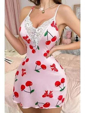 Ruselin Kiraz Desenli İnce Askılı Dantelli Kısa Gecelik Ruselin 5067 - Alternatif Görünüm