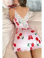 Kiraz Desenli İnce Askılı Dantelli Kısa Gecelik Ruselin 5067 Pembe görsel 4