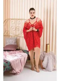 İzabel Kırmızı 3lü Büyük Beden Sabahlık Gecelik Takımı İzabel 6008