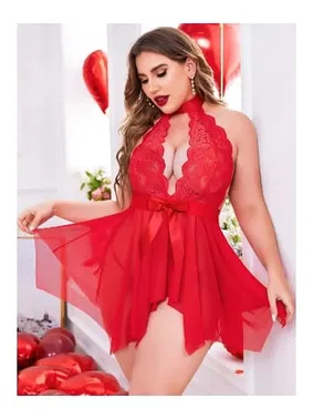 missisX Kırmızı Büyük Beden Dantel Detaylı Fiyonklu Gecelik missisX 3074