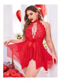 missisX Kırmızı Büyük Beden Dantel Detaylı Fiyonklu Gecelik missisX 3074