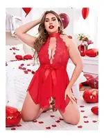 Kırmızı Büyük Beden Dantel Detaylı Fiyonklu Gecelik missisX 3074 Kırmızı detay görünüm