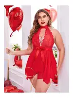 Kırmızı Büyük Beden Dantel Detaylı Fiyonklu Gecelik missisX 3074 Kırmızı farklı açı