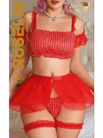 Kırmızı Çizgili Tülü Etek Fantezi Büstiyer Takım Ruselin 2186 Kırmızı