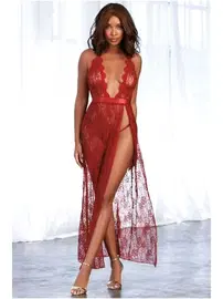 Loomerie Kırmızı Dantelli Fiyonklu Uzun Gecelik Takımı Loomerie 6632