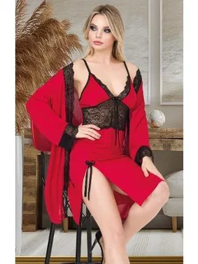 İzabel Kırmızı Dantelli Kısa Gecelik Sabahlık Takımı İzabel F-7011