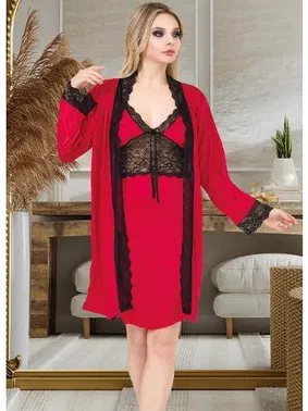 İzabel Kırmızı Dantelli Kısa Gecelik Sabahlık Takımı İzabel F-7011 - Alternatif Görünüm