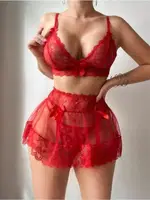 Kırmızı Dantelli Tül Seksi Sütyen Etek Takım İzabel 13000 Kırmızı