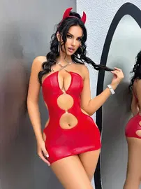 Lily Bianca Kırmızı Dekolteli Midi Zincirli Parlak Seksi Elbise Lily Bianca JB-15012